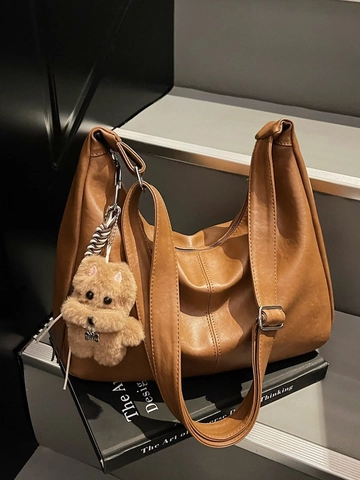 Women Retro PU Leather Large Capacity Tote Bag Fashion Hobo Shoulder Crossbody Bag With Plush Puppy Charm