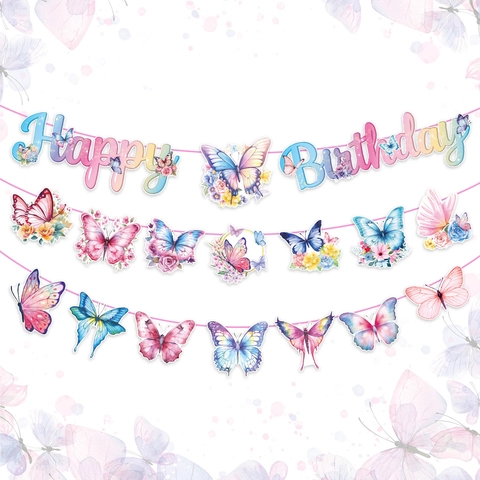 Banner di Buon Compleanno a Farfalla ad Acquerello Ghirlanda di Carta per Decorazioni da Parete per Feste di Compleanno per Bambini
