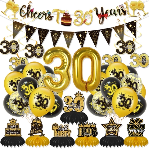 Decorazioni Festa Compleanno Nero Oro Per 30 40 50 Cheers To Years Banner Palloncini Lattice Alluminio Centrotavola