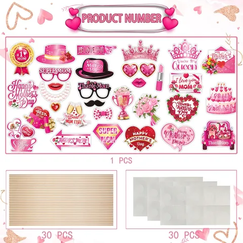 Set di 30 Accessori per Fotobox della Festa della Mamma in Cartoncino Slogan Happy Mother's Day per Decorazione Festa Rosa