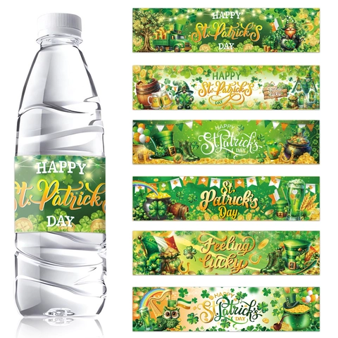 Étiquettes de Bouteille d'Eau Saint-Patrick Trèfle Décorations de Fête Irlandaise Vert Or Autocollants Boisson