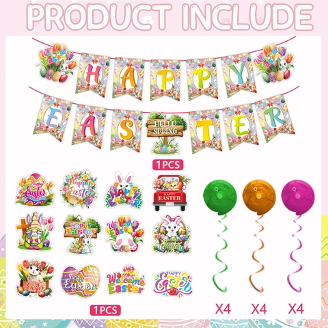 Happy Easter Decoration Banner Swirl Set Bunny Egg Flower Gnomes Colorful Paper Hanging Banners For Easter Party Home Decor