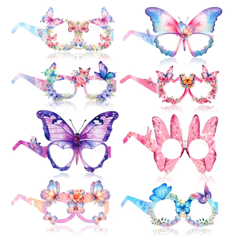 Watercolor Butterfly Theme Party Glasses Paper Floral Photo Props For Birthday Party Girl Dress Up Decoration