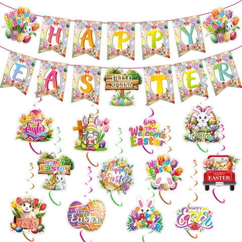 Happy Easter Decoration Banner Swirl Set Bunny Egg Flower Gnomes Colorful Paper Hanging Banners For Easter Party Home Decor