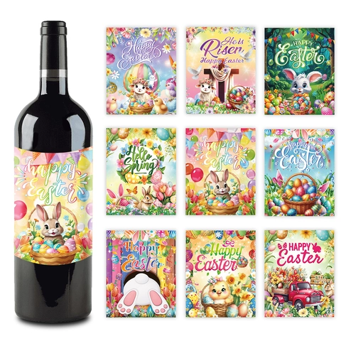 Autocollants de Bouteille de Vin de Pâques Happy Easter Étiquettes Adhésives Amovibles pour Décorations de Fête Lapin Oeuf Motifs Floraux