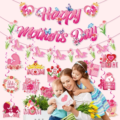 Happy Muttertag Banner Latex Luftballons Herz Spirale Ornamente Rosa Rot Weiß Gold Party Zubehör Für Mama Feier
