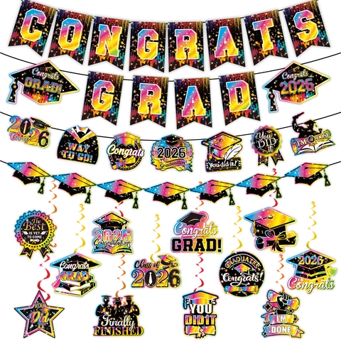 Congrats Grad Banner Class Of 2026 Graduation Decorations Rainbow Hanging Swirls Spiral Ceiling Decor For Graduation Party
