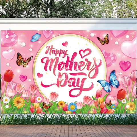 Romantic Pink Happy Mother's Day Backdrop Banner Polyester Floral Tulip Heart Butterfly Party Decoration Wall Hanging Backdrop