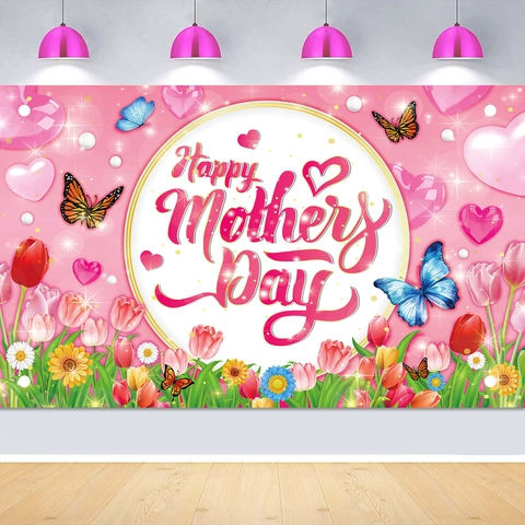 Romantic Pink Happy Mother's Day Backdrop Banner Polyester Floral Tulip Heart Butterfly Party Decoration Wall Hanging Backdrop