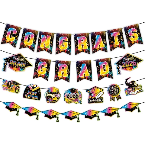 Congrats Grad Banner Class Of 2026 Graduation Decorations Rainbow Hanging Swirls Spiral Ceiling Decor For Graduation Party