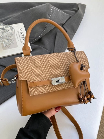 Borsa a Tracolla da Donna in Pelle PU con Cuciture Retro Moda Ciondolo a Cuore Serratura Borsa a Mano Pendolare