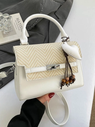 Borsa a Tracolla da Donna in Pelle PU con Cuciture Retro Moda Ciondolo a Cuore Serratura Borsa a Mano Pendolare