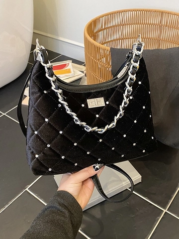 Borsa a Tracolla Trapuntata in Velluto Vintage per Donna Motivo a Rombi Decorazione Strass Tracolla a Catena Elegante