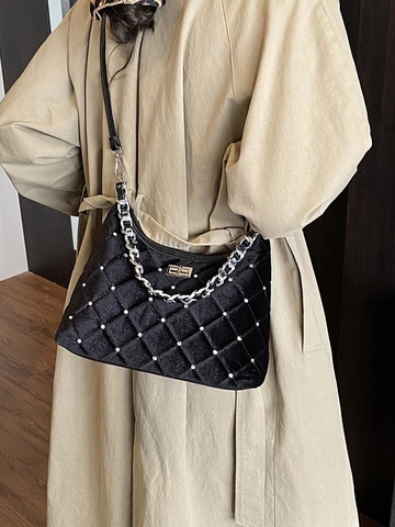 Borsa a Tracolla Trapuntata in Velluto Vintage per Donna Motivo a Rombi Decorazione Strass Tracolla a Catena Elegante