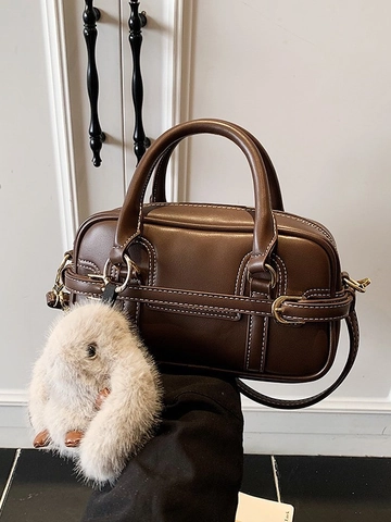 Borsa a Mano Boston in Pelle PU Vintage Coreana Per Donna Minimalista Con Cuciture a Contrasto Borsa a Tracolla Con Pendente Coniglio