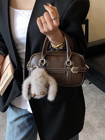 Borsa a Mano Boston in Pelle PU Vintage Coreana Per Donna Minimalista Con Cuciture a Contrasto Borsa a Tracolla Con Pendente Coniglio