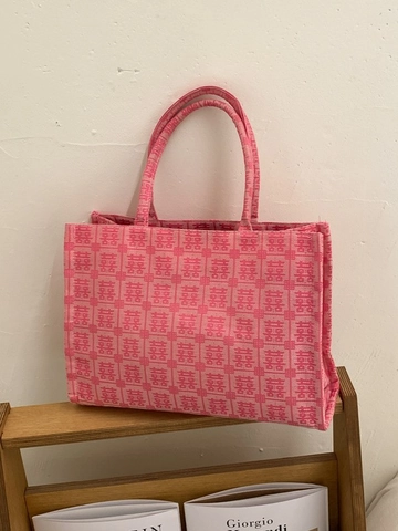 Borsa Tote Jacquard Doppia Felicità in Stile Cinese Grande Capacità Rosso Rosa Stoffa Borsa a Mano per Matrimonio Donna Moda