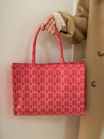 Borsa Tote Jacquard Doppia Felicità in Stile Cinese Grande Capacità Rosso Rosa Stoffa Borsa a Mano per Matrimonio Donna Moda