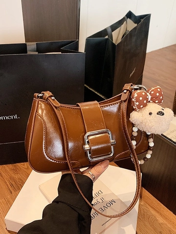 Vintage PU Leather Baguette Bag For Women Glossy Shoulder Underarm Bag With Silver Square Buckle And Plush Bear Pendant