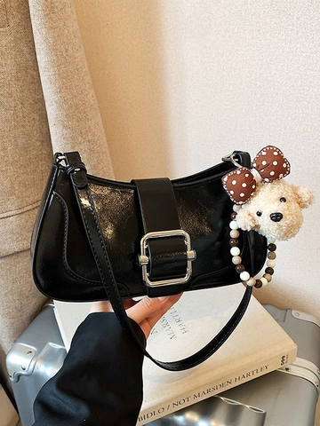 Vintage PU Leather Baguette Bag For Women Glossy Shoulder Underarm Bag With Silver Square Buckle And Plush Bear Pendant