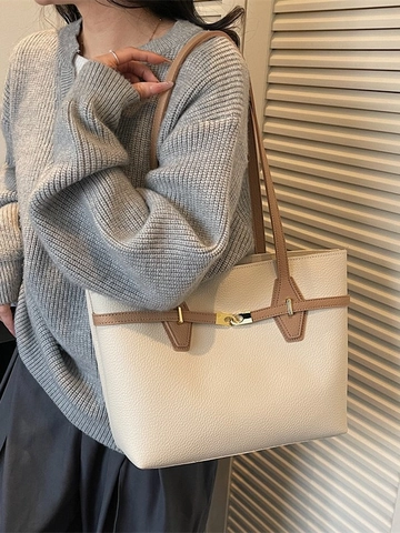 Bolso Tote de Cuero PU de Gran Capacidad para Mujer Moda Negocios Viaje Patrón de Lichi Bolso de Hombro Con Hebilla de Metal