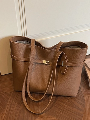 Bolso Tote de Cuero PU de Gran Capacidad para Mujer Moda Negocios Viaje Patrón de Lichi Bolso de Hombro Con Hebilla de Metal