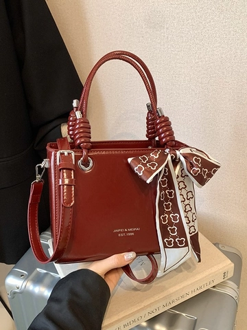 Retro PU Leather Crossbody Bag For Women With Glossy Finish Decorative Satin Scarf Small Shoulder Bucket Bag For Daily Use