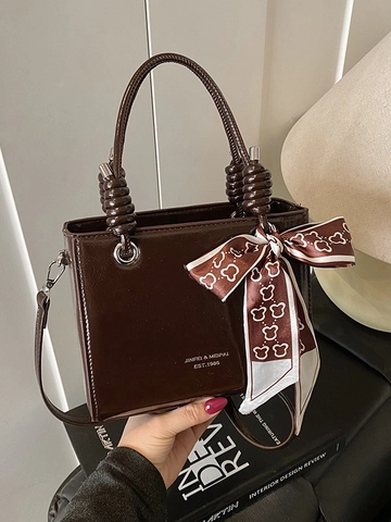 Retro PU Leather Crossbody Bag For Women With Glossy Finish Decorative Satin Scarf Small Shoulder Bucket Bag For Daily Use