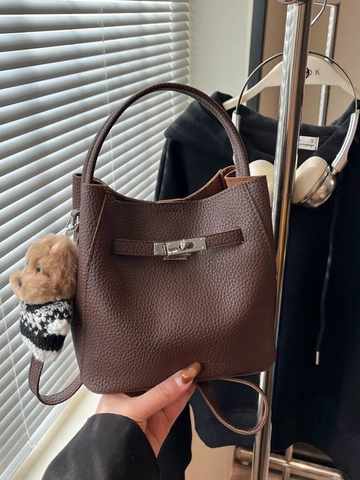 Vintage Damen PU Leder Eimertasche Lychee Muster Umhängetasche Modische Pendler Handtasche Mit Bärenanhänger