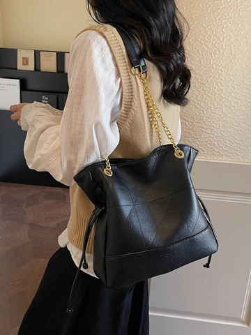 Women's Fashion PU Leather Bucket Bag Geometric Quilted Tote Bag With Chain Strap Large Capacity Commuting Shoulder Bag