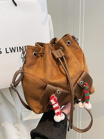 Damen Wildleder Weihnachten Eimertasche Mit Mini Schal Bommel Dekor Winter Kordelzug Schulter Umhängetasche Mode Trendige Tasche