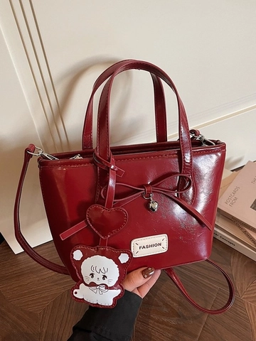 Sac Seau en Cuir PU Brillant pour Femmes Avec Nœud Et Pendentif Ours Dessin Animé Sac à Bandoulière Vintage Décontracté