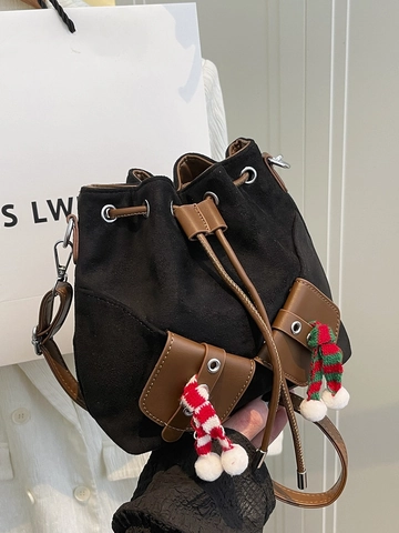 Damen Wildleder Weihnachten Eimertasche Mit Mini Schal Bommel Dekor Winter Kordelzug Schulter Umhängetasche Mode Trendige Tasche