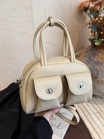 Retro Damen PU Leder Boston Tasche Kieselmaserung Handtasche Mit Drehverschluss Taschen Casual Schulter Umhängetasche Mode Tote