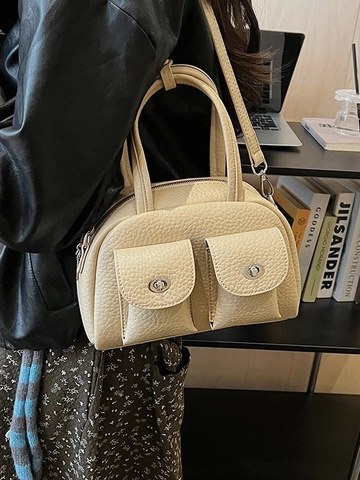 Borsa Boston da Donna in Pelle PU Retro con Grana di Ciottolo Borsa a Mano con Tasche con Girello Borsa a Tracolla Casual Tote di Moda