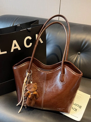 Borsa Tote da Donna in Pelle PU Vintage Grande Capacità Borsa a Tracolla Pendolare Retro Lucida Bordo a Onda Con Orsetto