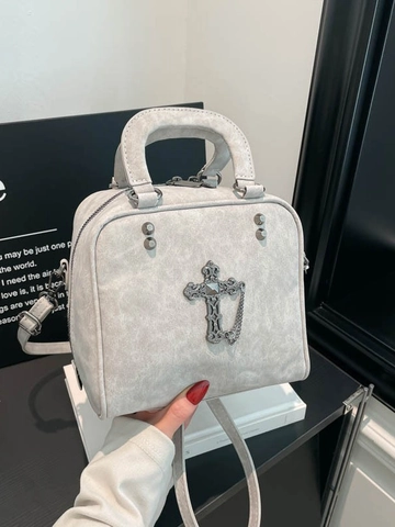 Gothic Retro PU Leather Handbag For Women Crossbody Bag With Metal Cross Decoration Adjustable Strap Rivet Punk Style Bag