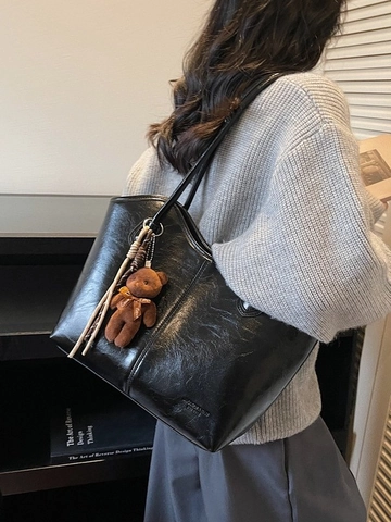 Borsa Tote da Donna in Pelle PU Vintage Grande Capacità Borsa a Tracolla Pendolare Retro Lucida Bordo a Onda Con Orsetto