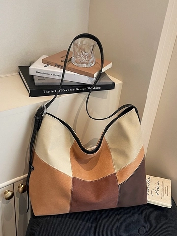 Borsa Tote in Tela Vintage Colorblock da Donna Grande Capacità Patchwork Borsa a Spalla Minimalista Pendolare Hobo Handbag