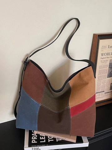 Borsa Tote in Tela Vintage Colorblock da Donna Grande Capacità Patchwork Borsa a Spalla Minimalista Pendolare Hobo Handbag