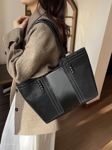 Vintage Patchwork Große Kapazität Tote Bag Damen Winter Minimalistische PU Leder Schultertasche Kontrastnähte Handtasche