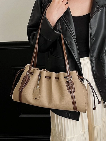 Vintage Gefaltete Unterarm Totentasche Damen PU Leder Große Kapazität Umhängetasche Mit Blumenanhänger Kordelzug Pendler Handtasche