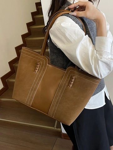 Vintage Patchwork Große Kapazität Tote Bag Damen Winter Minimalistische PU Leder Schultertasche Kontrastnähte Handtasche