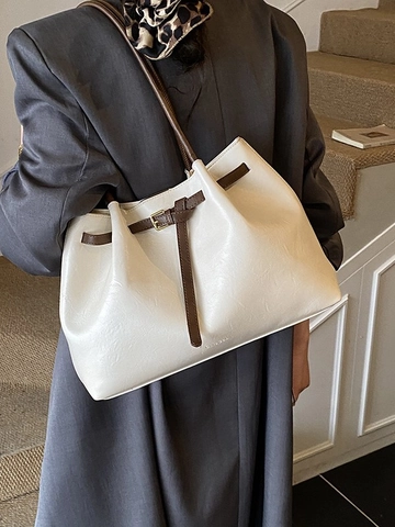 Große Kapazität PU Leder Tote Tasche Für Damen Vintage Minimalistische Schultertasche Pendeln Handtasche Mit Gürtelschnalle Dekoration