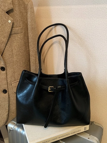 Große Kapazität PU Leder Tote Tasche Für Damen Vintage Minimalistische Schultertasche Pendeln Handtasche Mit Gürtelschnalle Dekoration