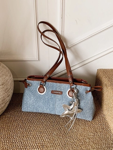 Borsa a Tracolla da Donna in Pelle PU con Texture Denim in Stile Coreano Borsa Sottobraccio Casual con Ciondolo a Stella