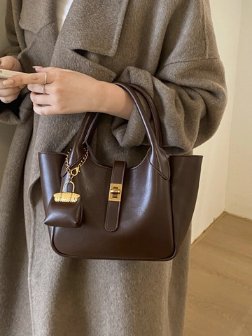 Women Minimalist Synthetic Leather Top Handle Bag Vintage Solid Color Crossbody Handbag With Mini Charm Gold Twist Lock