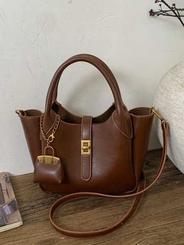 Women Minimalist Synthetic Leather Top Handle Bag Vintage Solid Color Crossbody Handbag With Mini Charm Gold Twist Lock