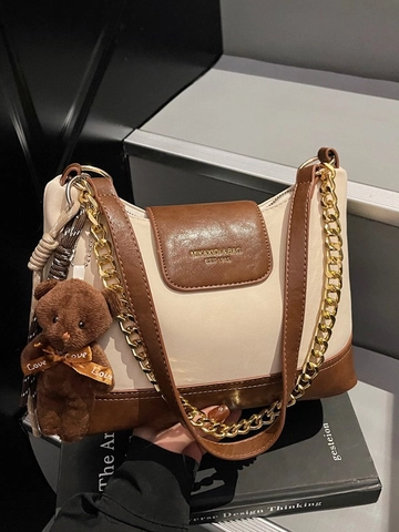 Dames Kleurblok Ruitvormig Ketting Okseltas Vintage PU Leer Schoudertas Met Pluche Beer Hanger Woon-werkverkeer Tote Bag