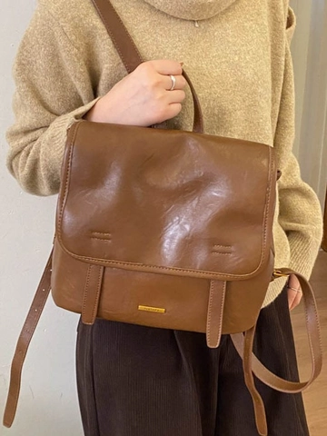 Retro PU Leder Rucksack Für Damen Große Kapazität Minimalistisch Umschlagklappe Vintage Lässig Pendler Umhängetasche